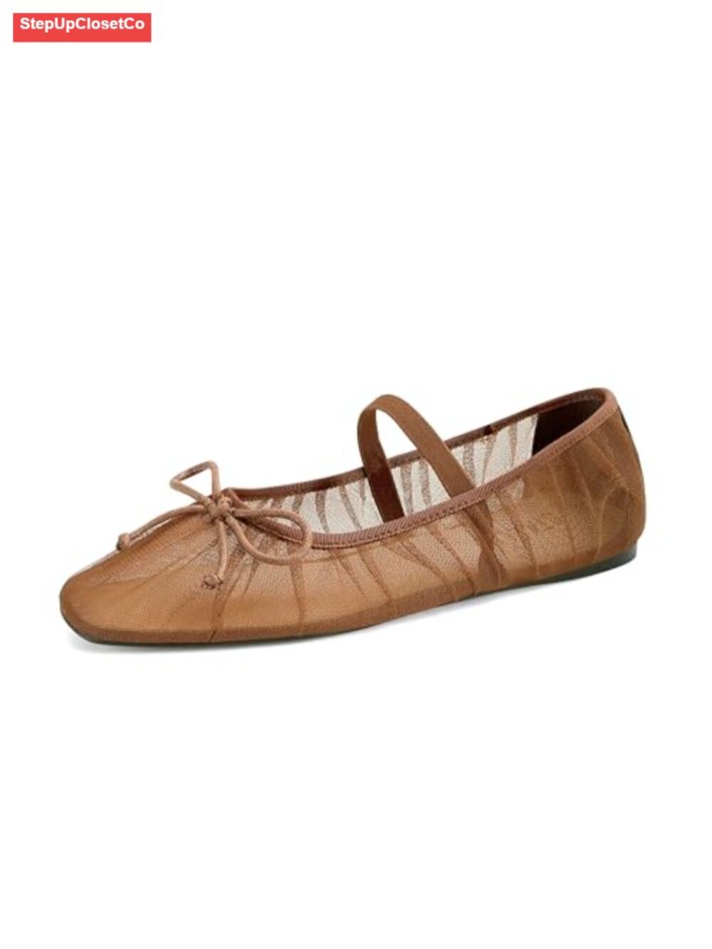 Tulle Bow Ballet Flats Square Toe Mary Jane Mesh Breathable Slip On Comfort